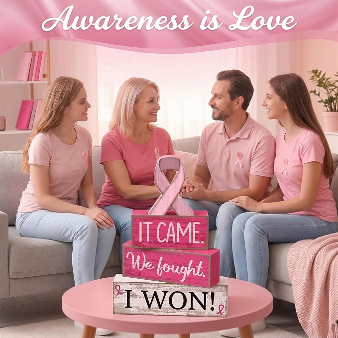 Lineshading 4 Pcs Breast Cancer Wooden Block Signs Farmhouse Decor | Rustic Table or Tiered Tray Decor, Pink Ribbon Survivor Gift, Wooden Blocks with Inspirational Messages for Home Awareness