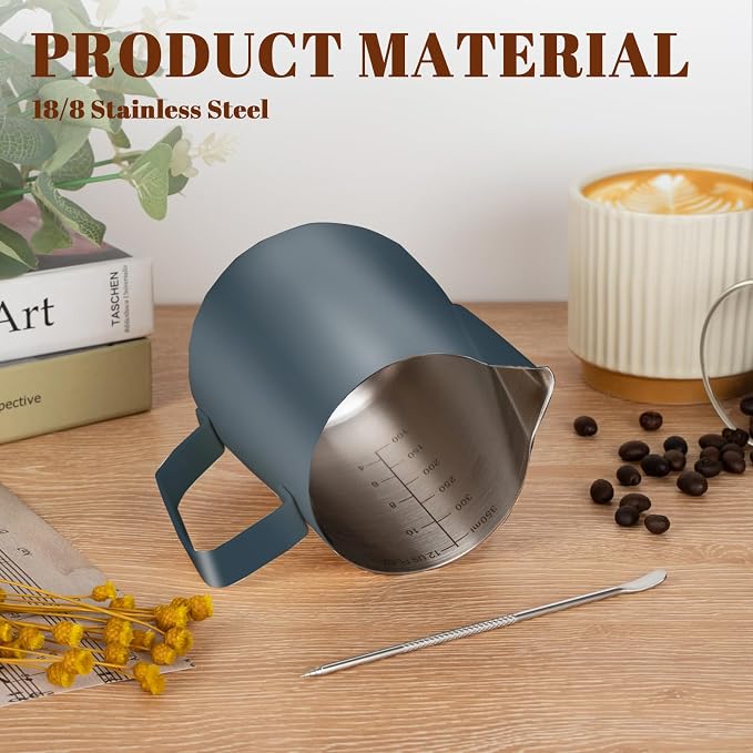 Amrules Milk Frothing Pitcher 12oz Frother Cup Barista Tools, Blue | 18/8 Stainless Steel, 12oz Capacity with Clear Scale, with Decorating Pen, Ergonomic Handle, for Cappuccino, Latte & Espresso