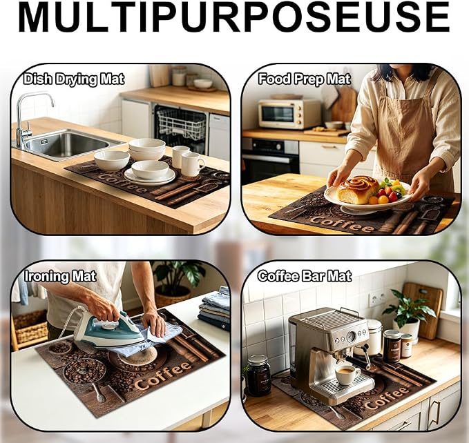 Coffee Stove Top Cover, Cafe Kitchen Decor, 28x20 in | Coffee beans, grinder and espresso cup flatlay on dark wood; flat-printed non-slip mat; protects glass cooktops; 28x20 in