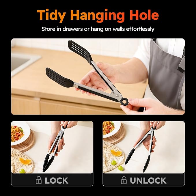 HST Tongs for Cooking with Silicone Tips(3 Pack), Non Stick Kitchen Tongs with Silicone Tip for Cooking BBQ Baking (9", Black)