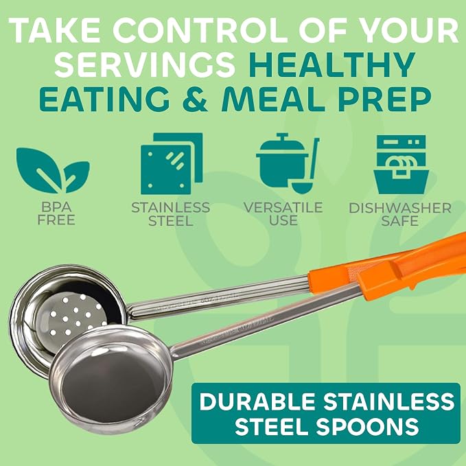 Portion Control Serving Spoons, 8 Piece Set | Restaurant Measuring Serving Ladle Utensils, Includes 2, 4, 6, 8 oz Solid & Perforated Scoops, 14-1/4" Long