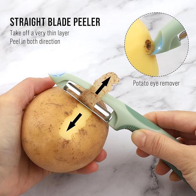 Julienne Peeler Vegetable Peeler with 4.8'' Long Silicone Handle | Non-slip grip & sharp blade; Y carrot shredder-for strips; Potato/serrated peeler-ordinary peeling/soft skin; 3 Pack; Green