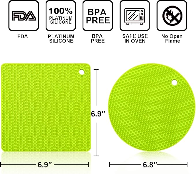 Walfos Silicone Trivet Mats - 4 Heat Resistant Pot Holders, Multipurpose Non-Slip Hot Pads for Kitchen Potholders, Hot Dishers, Jar Opener, Spoon Holder, Food Grade Silicone & BPA Free (Green)
