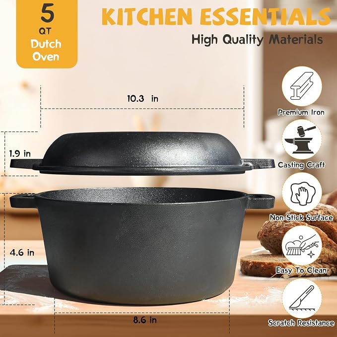 5QT Dutch Oven for Sourdough Bread Baking, Cast Iron Bread Pan with Lid | Multi-Functional Dutch Oven With Banneton Bread Proofing Basket & Baking Supplies, Cast Iron Bread Pan With Lid