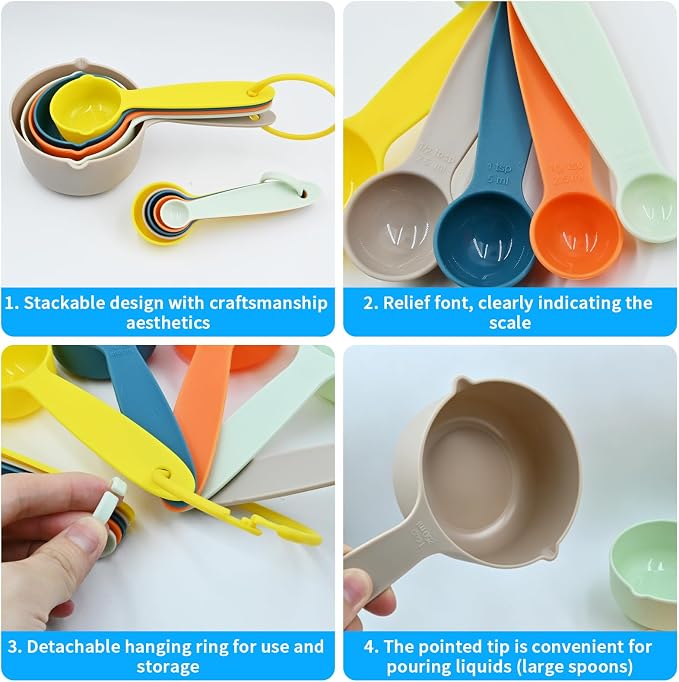 10 pcs Measuring Cups & Spoons Set, Kitchen Gadgets | Measuring Cups with non-slip Handles for Baking & Cooking, Space-Saving Multicolor Design, Dishwasher Safe