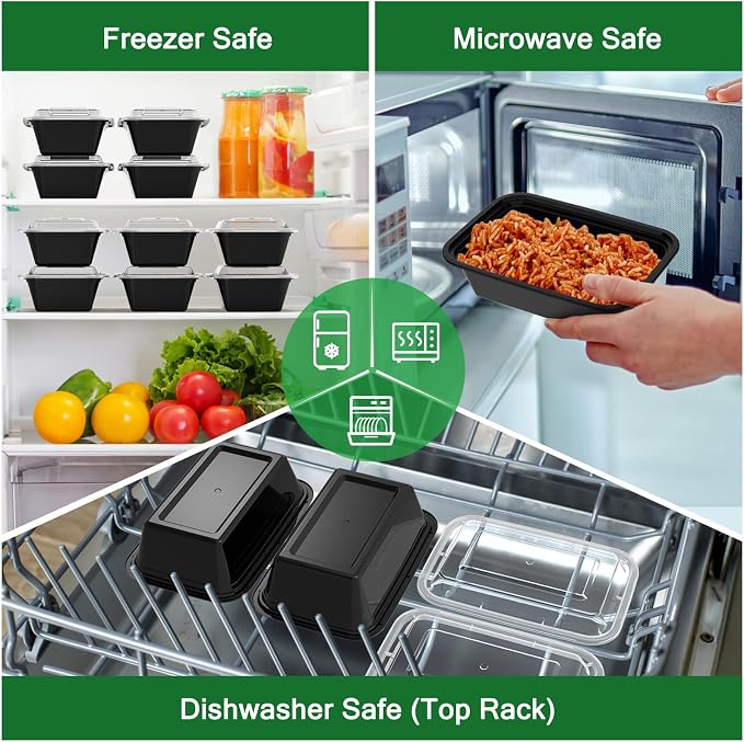 Dealusy 50 Pack (100-Piece) 24 oz Meal Prep Containers Reusable with Lids | Sturdy Leakproof & Food Safe, Microwave, Freezer, Dishwasher Safe Prep Containers, To Go Take Out Plastic Food Storage