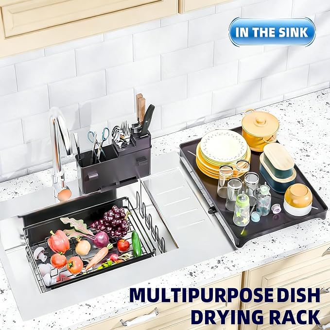 Simple Trending Dish Drying Rack for Kitchen Counter, 11.7" x 16.5", Black | Stainless Steel Dish Rack for Kitchen Counter, Dish Drainer with Cutlery & Cup Holders, Anti-Rust, Counter Space Saving
