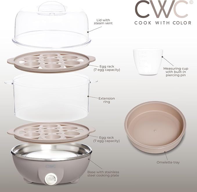 COOK WITH COLOR 350W Electric Double Layer Egg Cooker - Egg Boiler for Hard Boiled, Soft Boiled, and Omelettes, 6.1x6.1x8.7, Greige