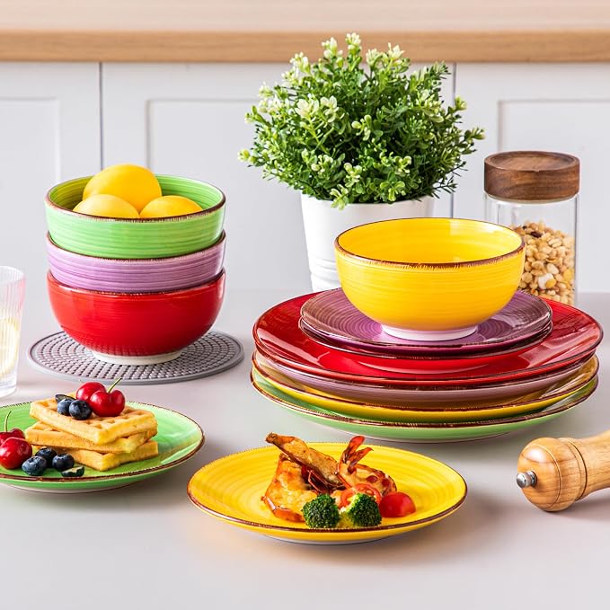 vancasso Bonita Dinnerware Set Multicolor Stoneware 12 Pieces Service for 4 | Handpainted Spirals Pattern Stoneware Plates and Bowls Set, Modern Ceramic Plate Set-Microwave and Dishwasher Safe