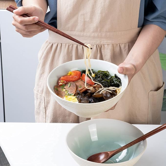 Ceramic Japanese Ramen Bowl Set, 2 Sets Asian Pho Udon Soup Noodle Bowls with Spoons and Chopsticks (Green, 8 inches)