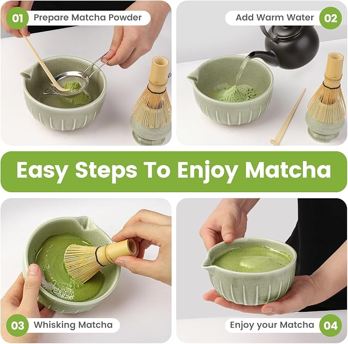 Matcha Whisk Set, Japanese Tea Set (5pcs) includes Matcha Bowl with Spout (19 oz), Bamboo Whisk, Matcha Scoop, Matcha Whisk Holder (Chasen Holder), Stainless Steel Sifter, Macha Kit