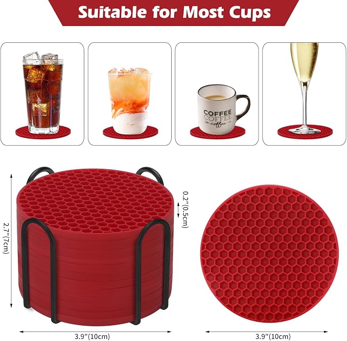 TWTLi Silicone Coasters Set of 12 with Holder — Non-Slip Drink Coasters for Coffee Table, Home Bar & Kitchen, Protects Wood & Marble Surfaces from Water Rings, Dishwasher Safe (Wine red)