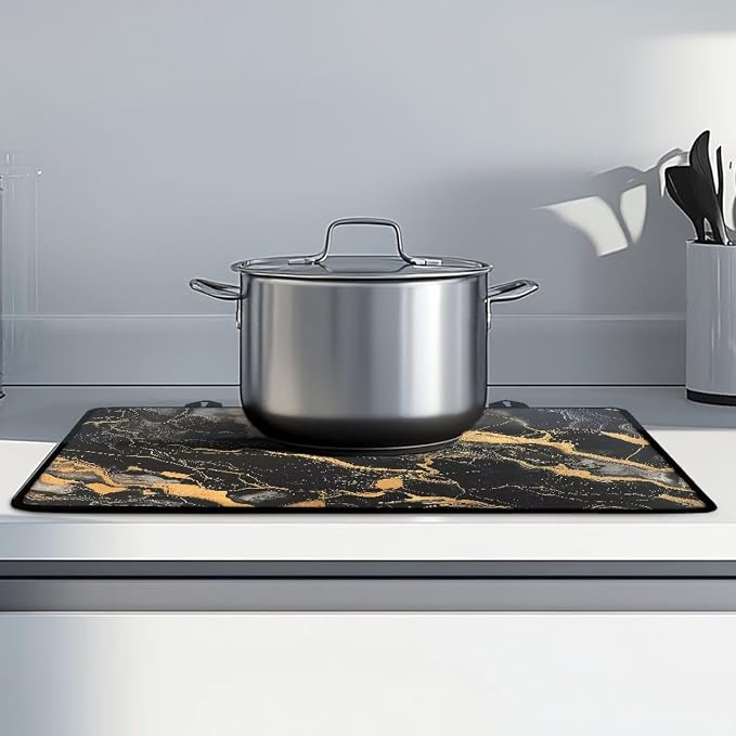Black Gold Marble Texture Print Electric Stove Top Cover 29.18 x 20.96 inch Glass Cooktop Cover with Lanyards Dish Drying Mat Anti-Slip Range Covers Pad for Glass Top Stove