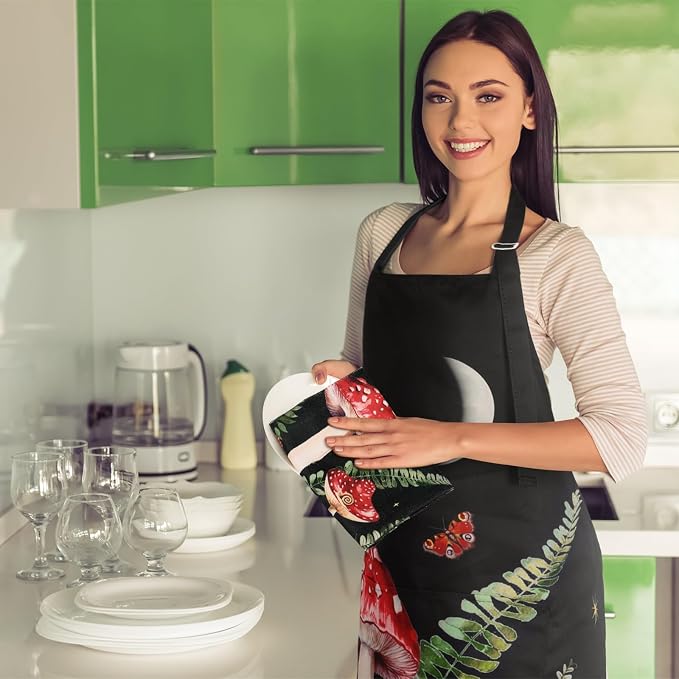 7 Pcs Mushroom Kitchen Linen Set - Durable Polyester Apron, 2 Quick-dry Towels, Oven Mitt & Pot Holders, Aesthetic Cottagecore Decor, Red Mushroom Gifts for Women, Housewarming Gift