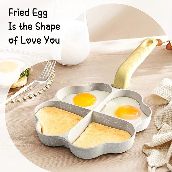 Caannasweis Egg Pan Omelette Pan, 4-Cup Nonstick Granite Omelette Skillet Breakfast Frying Pan Egg Cooker Suitable for Gas Stove & Induction Cookware, PFOA PFOS Free, Beige Heart Shaped