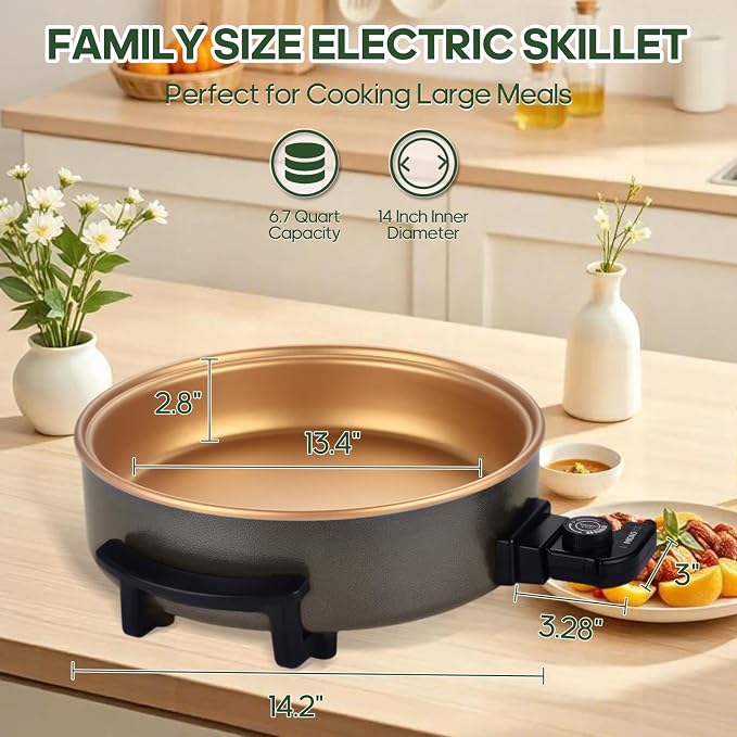 14" Large Electric Skillet with lid, Ceramic Nonstick Coating Electric Frying Pan, 1500W Quick & Even Heating, 5 Adjustable Temperature Control, Tempered Glass Lid & Cool-Touch Handles