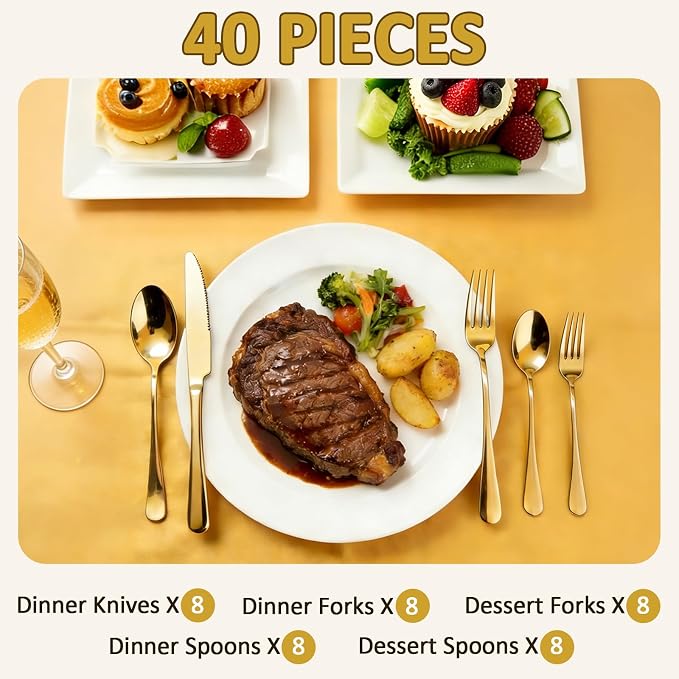 40 Piece Silverware Set, Kitchen Utensils Set for Restaurant & Home, Stainless Steel Cutlery Set, Flatware Set include Forks, Knives, Spoons, Household Essentials for New Home, Gold