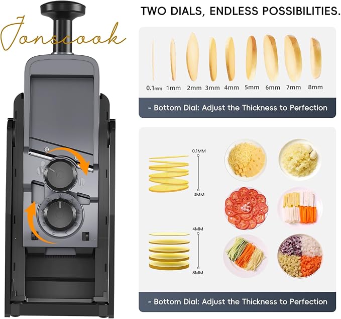 Jonscook All-in-1 Safe Mandoline Slicer for Kitchen, Vegetable Slicer with Container, Adjustable Veggie Mandoline, French Fry Cutter, Potato/Tomato/Onion Slicer, Grater/Cleaning Brush (Black Knight)