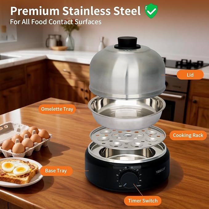 VOBAGA Rapid Egg Cooker, Electric Egg Boiler and Steamer Machine, 9 Egg Capacity, Stainless Steel, Auto Shutoff with Silent Timer, 400W (Black)