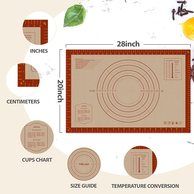 28" x 20" Silicone Baking Mat with Measurement Guides | Extra Thick Pastry Rolling & Sourdough Mat Baking Supplies for Making Pizza, Pie, Cookies and Bread