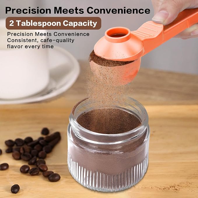 2-in-1 Coffee Scoop with Funnel, 2 Tbsp Measuring Spoon for Reusable K Cups, Ground Coffee, Protein Powder & Tea, Mess-Free Plastic Design（Orange-2pack）