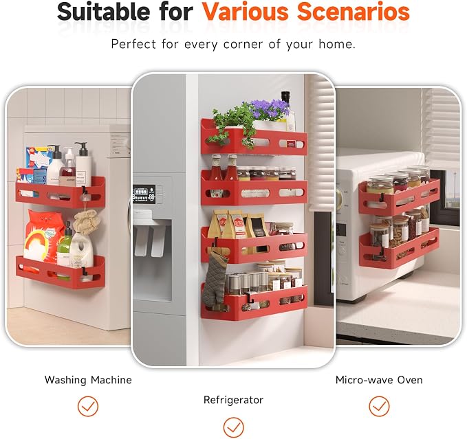 4-Pack Magnetic Spice Rack for Refrigerator with Hooks, Red | Strong multipurpose magnetic shelf for kitchen & bathroom organization. Includes 4 removable hooks for hanging items.