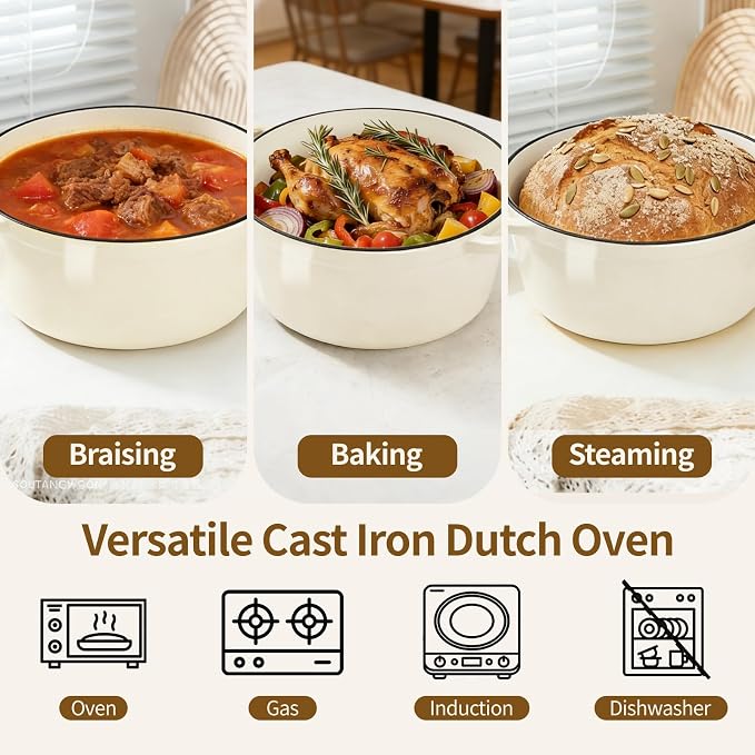 Enameled Cast Iron Dutch Oven pot 6.5 QT with Lid for Bread Baking | Cookware incl. Sourdough Bread-Baking Supplies like Banneton, Dough Whisk, Gloves, Oven Safe for Stews, Roasting, Cream White
