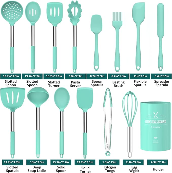 Silicone Cooking Utensil Set, Umite Chef 15pcs Silicone Cooking Kitchen Utensils Set, Non-stick - Best Kitchen Cookware with Stainless Steel Handle - Green