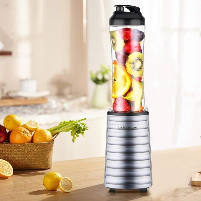 La Reveuse Personal Size Blender for Protein Shakes and Smoothies, Silver | 18oz BPA-free Portable Bottle with Spout Lid, Push to Blend, Suitable for Home, Apartment, Office, Dorm, 300 Watts, LARB1801S