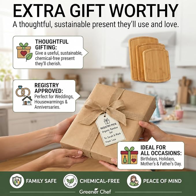 SAFEST Extra Large Bamboo Cutting Board Set of 3 with Glue-Free Surface Technology - Extra Spacious Wood Cutting Boards for Kitchen and XL Chopping Board Set - Replacements for Life