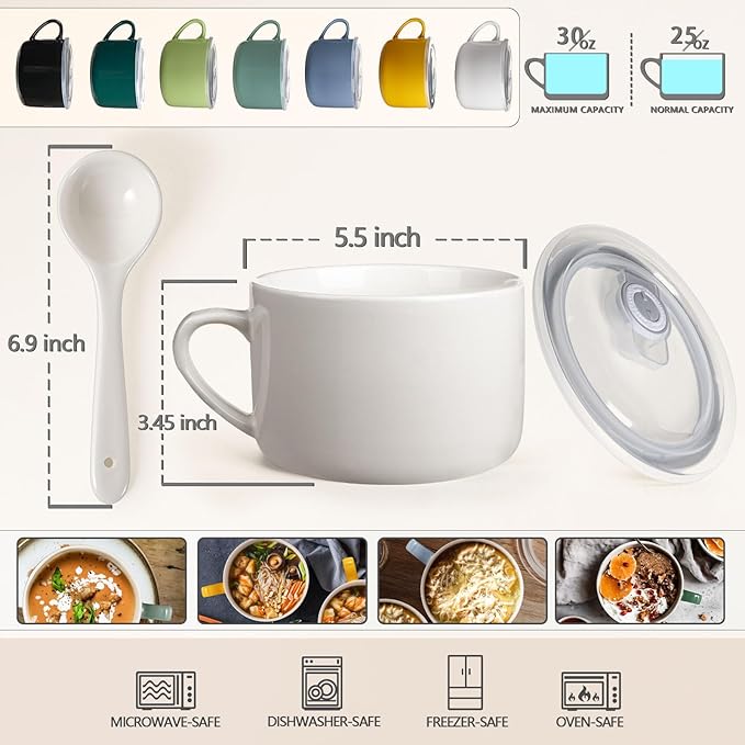 Soup Bowls with Handles & Spoons, 30oz Ceramic Ramen Bowl with Lid, Large Soup Mugs/Cups for Instant Noodle, Big Cereal Bowls for Oatmeal, Soup Containers with Lids, Set of 2, White