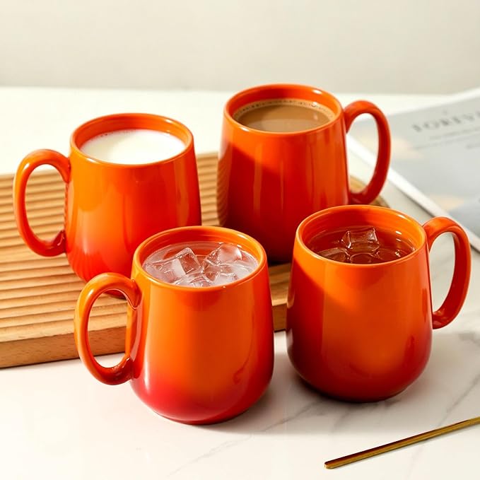 HASENSE Set of 4 Ombre Coffee Mugs, 15oz Large Ceramic Cups – Dishwasher & Microwave Safe, Orange Gradient Cappuccino Latte Tea Handle Cup, Housewarming Gift