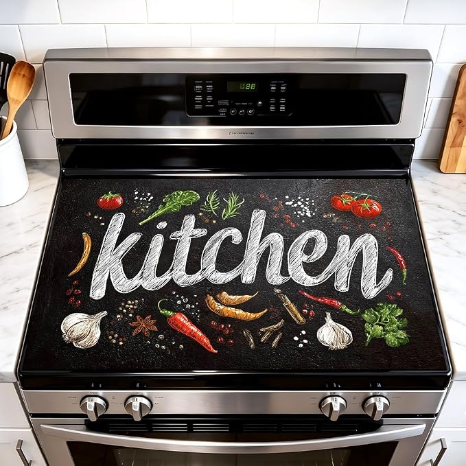 Chalkboard Kitchen Word Art Stove Top Cover 28.35x20.47in Farmhouse | Chalkboard kitchen word art stove top cover 28.35x20.47 in; herb spice farmhouse cooktop mat dishwasher safe machine washable