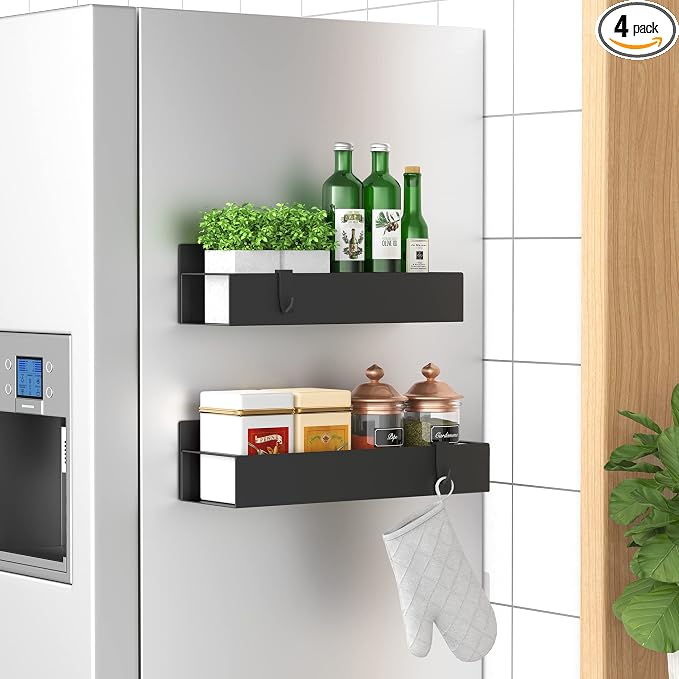 Metal Magnetic Spice Rack for Refrigerator2 Pack Black | Magnetic Shelves Heavy Duty for Fridge in Kitchen, Seasoning Storage Organizer, For Oven Washer and Dryer, For Heavier Items