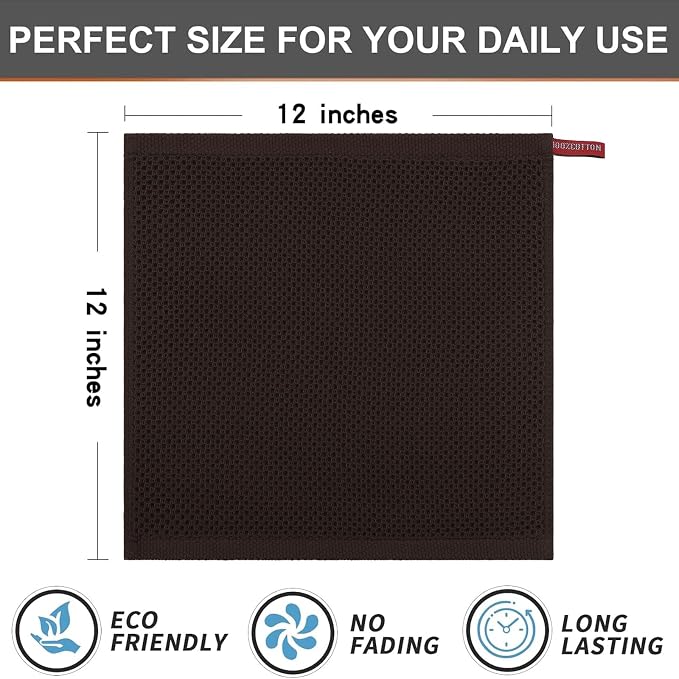 Kitinjoy 100% Cotton Waffle 6-Pack Kitchen Towels, 12" x 12", Dark Brown | Ultra Absorbent, Super Soft, lightweight, Quick Drying Dish Rags for Washing Dishes