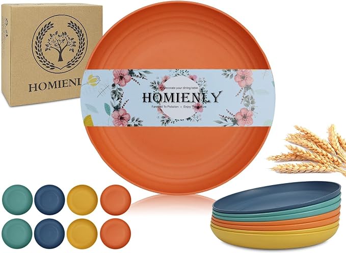 Deep Dessert Plates Unbreakable Wheat Straw Dinner Plates 8 PCS Microwave & Dishwasher Safe Plates Sets for Kitchen, Camping, Reusable Plastic Plates for Kids, Appetizer (Colorful, 8 inch)