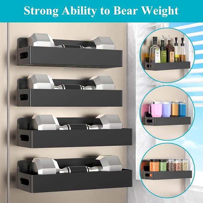 Black Magnetic Spice Rack for Refrigerator, 4 Pack | Kitchen Magnetic Shelf for Fridge, Spice Organizer and Storage, Baby Bottle Holder for Fridge, Magnetic Tea Bag Organizer
