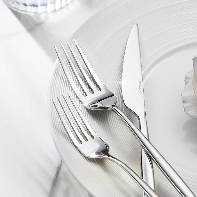 48 Piece Silverware Set for 8 with Steak Knives, 18/10 Stainless Steel | KINGSTONE Flatware set, Mirror Polished Fork Knives Spoon Utensils,Cutlery set for Home Restaurant Wedding, Dishwasher Safe