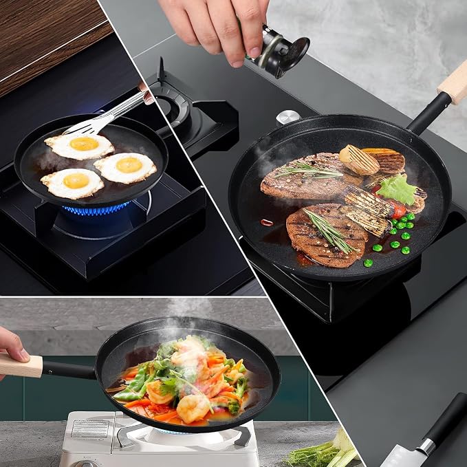 bodkar Frying Pan Skillet Pre-Seasoned 8-inch Flat Griddle Pan | Lightweight Grill Pan with Wooden Handle for Camping Indoor Outdoor Cooking (Beige, 8 inch)