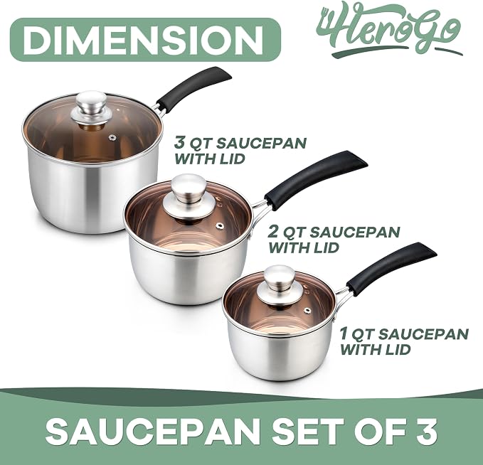 Herogo Saucepan Set with Lid, 1 Quart & 2 Quarts & 3 Quarts 18/10 Stainless Steel Sauce Pan Pot, Small Cooking Pot for Home Kitchen, Dishwasher Safe