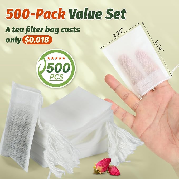 Empty Tea Bags for Loose Leaf Tea, 500Pcs Disposable Tea Infuser Sachets | Fillable Tea Filter Bags with Cotton Drawstring(3.54"X 2.75"), Widely Used for Stewing or Brewing Tea, Coffee, Herb, Spice