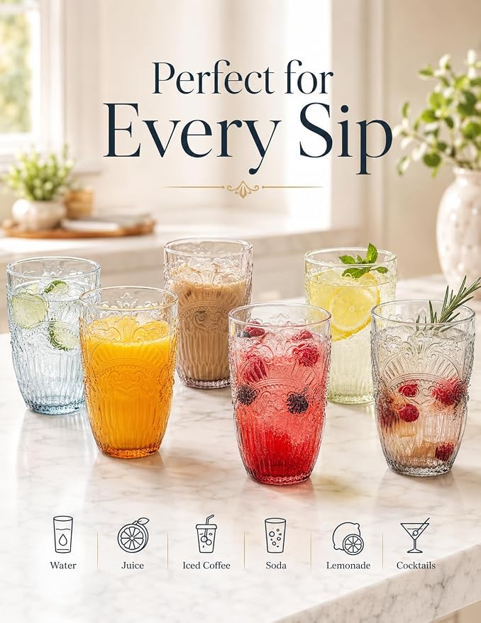 13 OZ 6 Pack Vintage Drinking Glasses Set, Colorful Textured Glass Water Tumblers Cups -Embossed Striped Glassware for Water, Cocktails, Juice, Iced Coffee, Beer(Imperial Arch style)