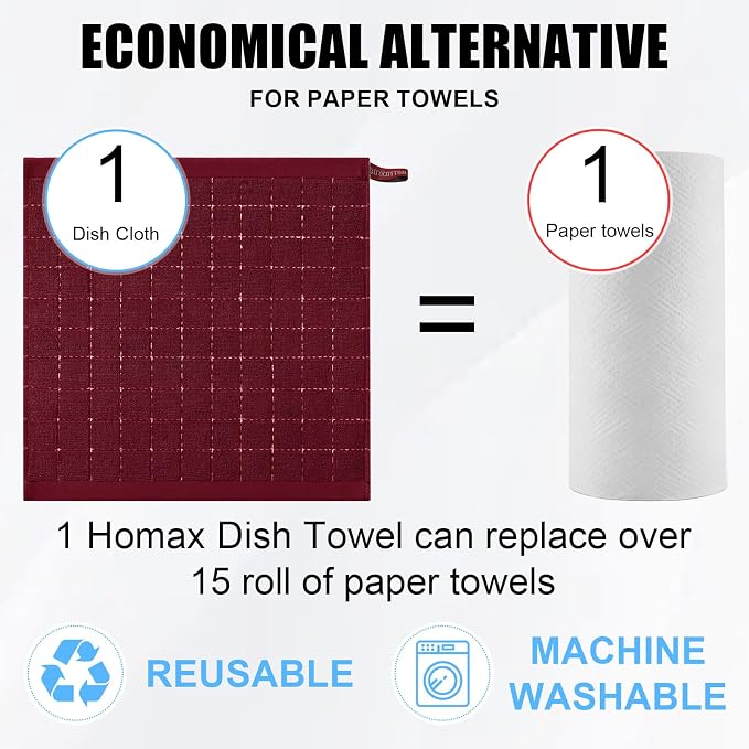 Homaxy 100% Cotton Terry Kitchen Dish Cloths, 12 Pack, Burgundy | Ultra Soft and Absorbent, Suitable for Drying and Washing Dishes