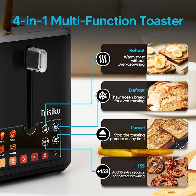 Trisiko® Touch Screen Toaster 2 Slice, 900W Digital Toaster with Countdown Timer, 1.38 in Wide Slots, 6 Browning Levels, Bagel, Defrost, Reheat, Cancel, Crumb Tray, Cord Wrap-Black
