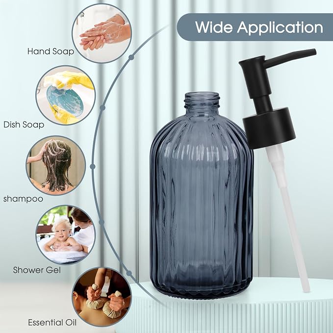 Topsky Stripe Glass Soap Dispenser with Black Plastic Pump, 400ml Liquid Hand Soap Dispenser, Rustproof Pump for Kitchen & Bathroom, Great for Lotions, Essential Oil, Liquid Soaps- (Grayish Blue)
