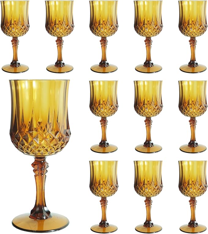 12Pack Plastic Wine Glasses, 7oz Vintage Goblets for Wedding | Unbreakable Crystal Style Reusable Stemware, Elegant Amber Drinking Glass for Party Anniversary & Holiday Celebration