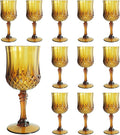 12Pack Plastic Wine Glasses, 7oz Vintage Goblets for Wedding | Unbreakable Crystal Style Reusable Stemware, Elegant Amber Drinking Glass for Party Anniversary & Holiday Celebration
