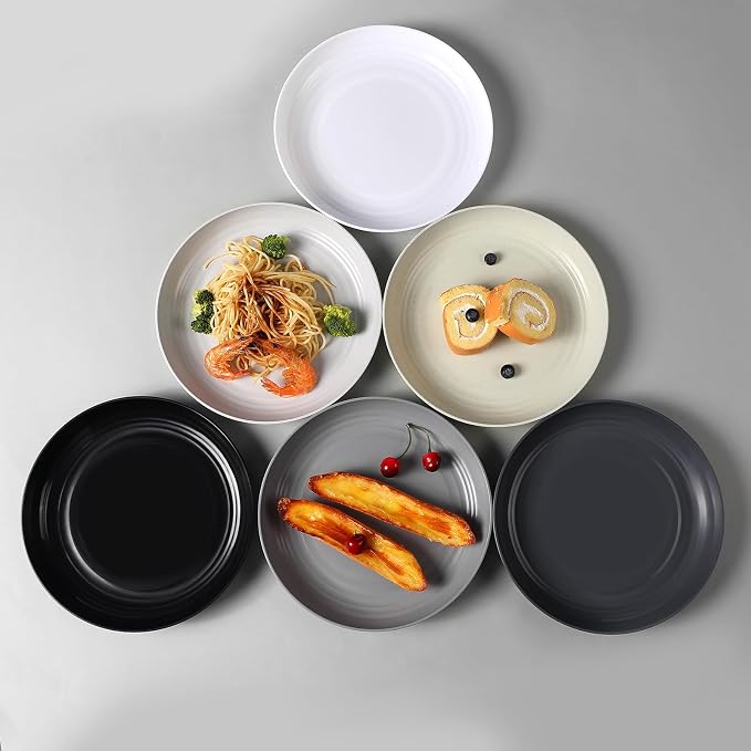 HEYCOME 12 Pcs Unbreakable Deep Dinner Plates Set, 10 inch Reusable Plastic Wheat Straw Plates, Microwave and Dishwasher Safe Plate for Kitchen, Lightweight Plate for Dessert, BPA Free, 6 Colors