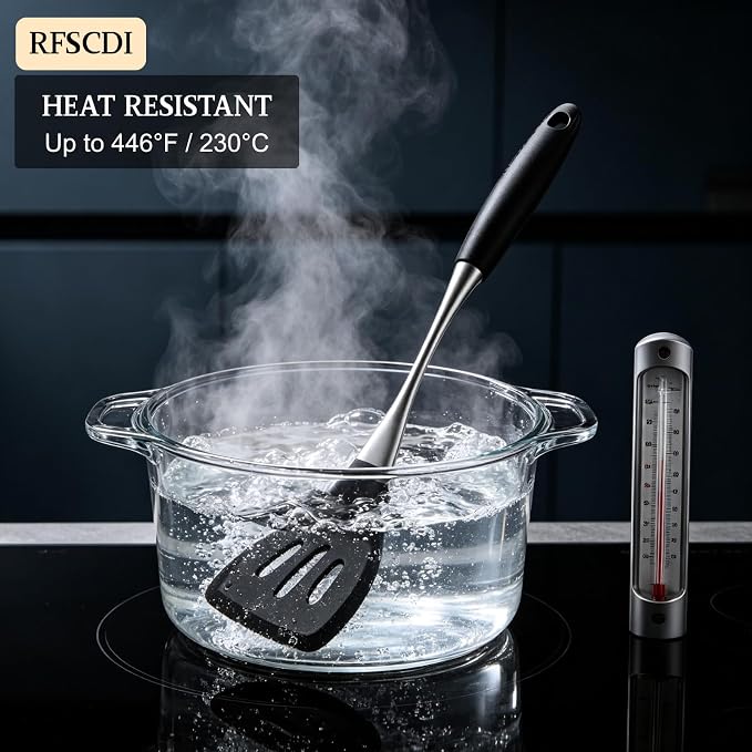 Premium Black Silicone Cooking Utensils Set - Non-Toxic, Heat Resistant& Non-Stick Kitchen Utensils Set with Spatula, Spoon, Whisk, Tongs, BPA Free, Dishwasher Safe, Black