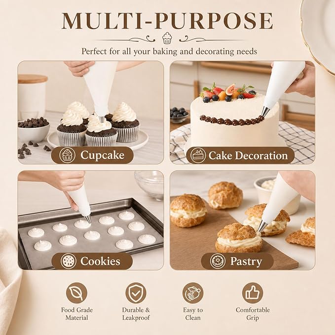 Reusable Piping Bags and Tips Set, 16inch Cotton Pastry Bags | 304 Icing Tips 1A 1M 4B 114 853 895 puff tip For Cake Decorating, Cupcakes, Cookies, Durable Baking Tool Kit
